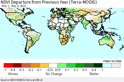 World NDVI Departure from Previous Year (Terra-MODIS) Thematic Map For 5/1/2023 - 5/8/2023