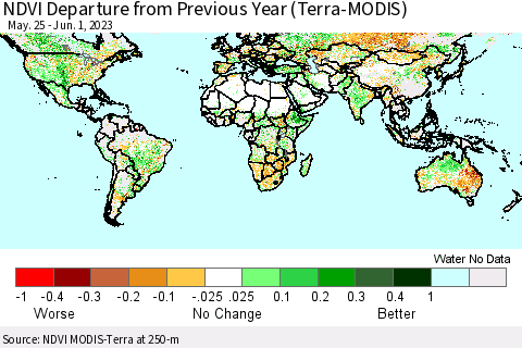 World NDVI Departure from Previous Year (Terra-MODIS) Thematic Map For 5/25/2023 - 6/1/2023