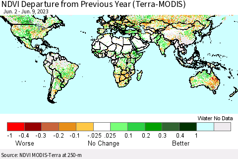 World NDVI Departure from Previous Year (Terra-MODIS) Thematic Map For 6/2/2023 - 6/9/2023