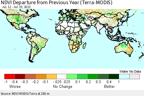 World NDVI Departure from Previous Year (Terra-MODIS) Thematic Map For 7/12/2023 - 7/19/2023