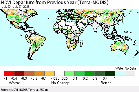 World NDVI Departure from Previous Year (Terra-MODIS) Thematic Map For 7/20/2023 - 7/27/2023