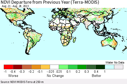 World NDVI Departure from Previous Year (Terra-MODIS) Thematic Map For 8/21/2023 - 8/28/2023