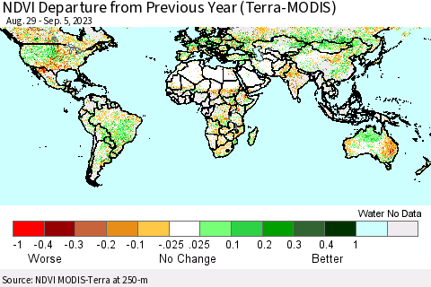 World NDVI Departure from Previous Year (Terra-MODIS) Thematic Map For 8/29/2023 - 9/5/2023