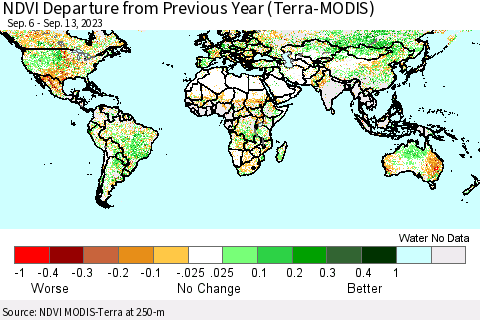 World NDVI Departure from Previous Year (Terra-MODIS) Thematic Map For 9/6/2023 - 9/13/2023