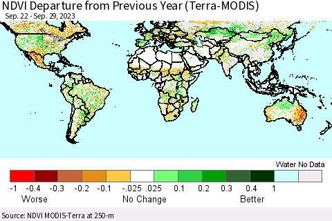 World NDVI Departure from Previous Year (Terra-MODIS) Thematic Map For 9/22/2023 - 9/29/2023