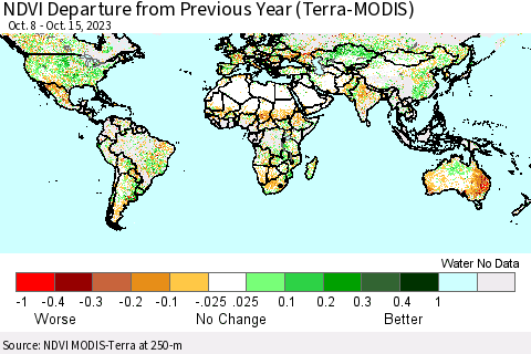 World NDVI Departure from Previous Year (Terra-MODIS) Thematic Map For 10/8/2023 - 10/15/2023