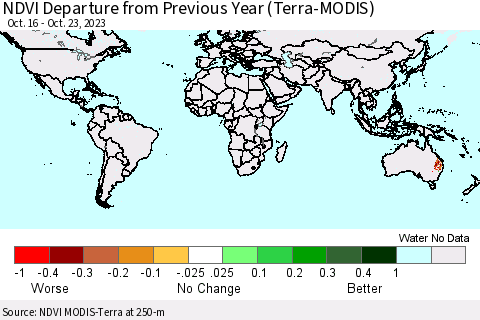 World NDVI Departure from Previous Year (Terra-MODIS) Thematic Map For 10/16/2023 - 10/23/2023
