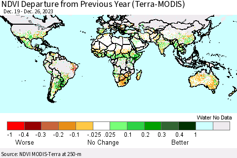 World NDVI Departure from Previous Year (Terra-MODIS) Thematic Map For 12/19/2023 - 12/26/2023
