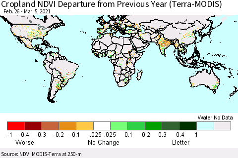 World Cropland NDVI Departure from Previous Year (Terra-MODIS) Thematic Map For 2/26/2021 - 3/5/2021