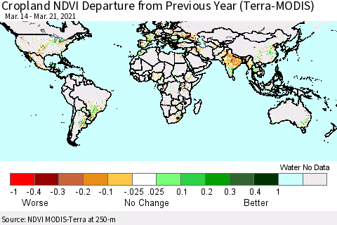 World Cropland NDVI Departure from Previous Year (Terra-MODIS) Thematic Map For 3/14/2021 - 3/21/2021