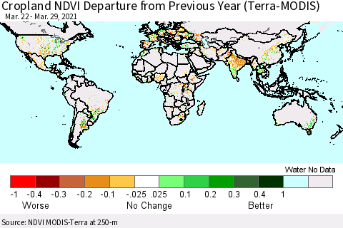 World Cropland NDVI Departure from Previous Year (Terra-MODIS) Thematic Map For 3/22/2021 - 3/29/2021