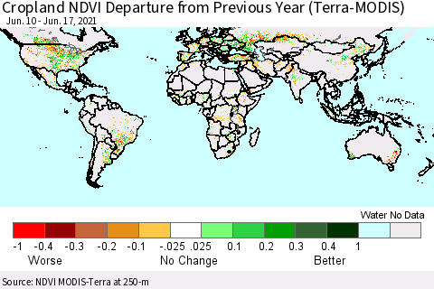 World Cropland NDVI Departure from Previous Year (Terra-MODIS) Thematic Map For 6/10/2021 - 6/17/2021
