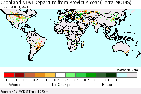 World Cropland NDVI Departure from Previous Year (Terra-MODIS) Thematic Map For 7/4/2021 - 7/11/2021