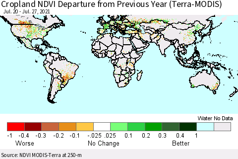 World Cropland NDVI Departure from Previous Year (Terra-MODIS) Thematic Map For 7/20/2021 - 7/27/2021