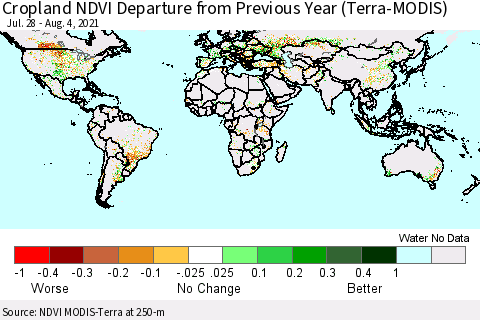 World Cropland NDVI Departure from Previous Year (Terra-MODIS) Thematic Map For 7/28/2021 - 8/4/2021