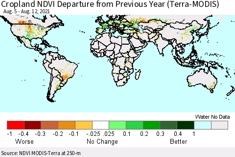 World Cropland NDVI Departure from Previous Year (Terra-MODIS) Thematic Map For 8/5/2021 - 8/12/2021