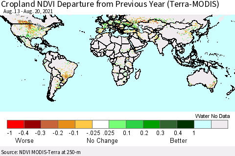 World Cropland NDVI Departure from Previous Year (Terra-MODIS) Thematic Map For 8/13/2021 - 8/20/2021
