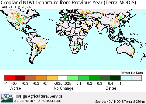 World Cropland NDVI Departure from Previous Year (Terra-MODIS) Thematic Map For 8/21/2021 - 8/28/2021