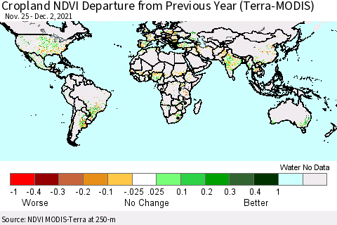 World Cropland NDVI Departure from Previous Year (Terra-MODIS) Thematic Map For 11/25/2021 - 12/2/2021