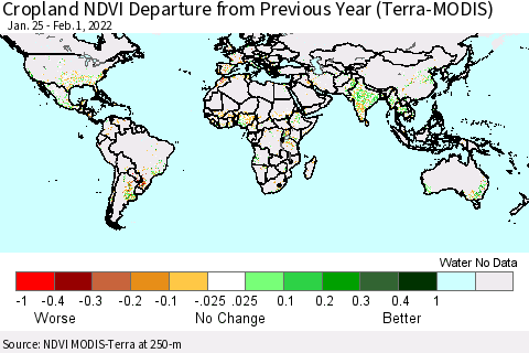 World Cropland NDVI Departure from Previous Year (Terra-MODIS) Thematic Map For 1/25/2022 - 2/1/2022