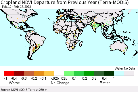 World Cropland NDVI Departure from Previous Year (Terra-MODIS) Thematic Map For 2/10/2022 - 2/17/2022