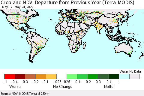 World Cropland NDVI Departure from Previous Year (Terra-MODIS) Thematic Map For 5/17/2022 - 5/24/2022