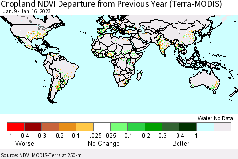 World Cropland NDVI Departure from Previous Year (Terra-MODIS) Thematic Map For 1/9/2023 - 1/16/2023