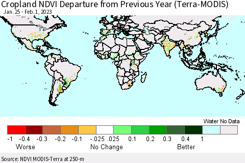 World Cropland NDVI Departure from Previous Year (Terra-MODIS) Thematic Map For 1/25/2023 - 2/1/2023