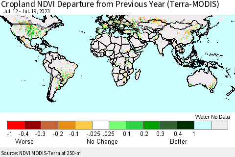 World Cropland NDVI Departure from Previous Year (Terra-MODIS) Thematic Map For 7/12/2023 - 7/19/2023