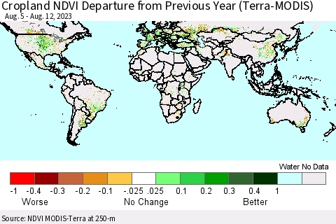 World Cropland NDVI Departure from Previous Year (Terra-MODIS) Thematic Map For 8/5/2023 - 8/12/2023