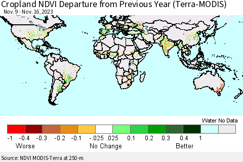 World Cropland NDVI Departure from Previous Year (Terra-MODIS) Thematic Map For 11/9/2023 - 11/16/2023