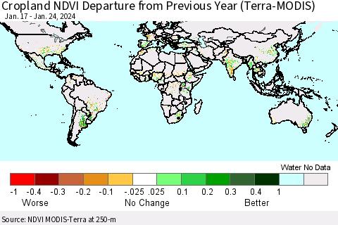 World Cropland NDVI Departure from Previous Year (Terra-MODIS) Thematic Map For 1/17/2024 - 1/24/2024