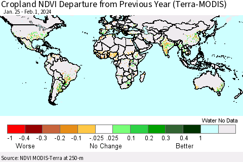 World Cropland NDVI Departure from Previous Year (Terra-MODIS) Thematic Map For 1/25/2024 - 2/1/2024