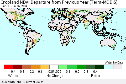 World Cropland NDVI Departure from Previous Year (Terra-MODIS) Thematic Map For 6/9/2024 - 6/16/2024