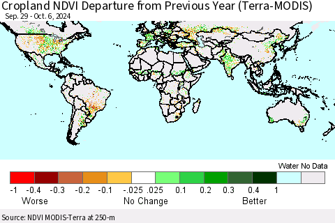 World Cropland NDVI Departure from Previous Year (Terra-MODIS) Thematic Map For 9/29/2024 - 10/6/2024