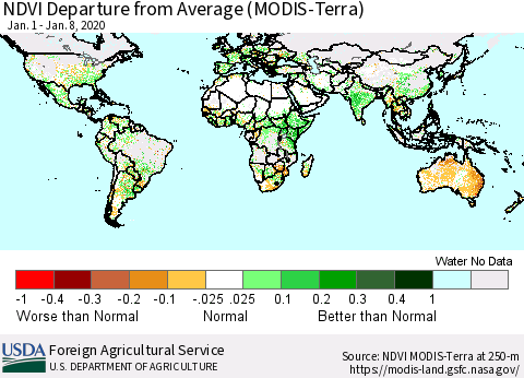 World NDVI Departure from Average (Terra-MODIS) Thematic Map For 1/1/2020 - 1/10/2020