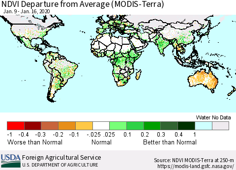 World NDVI Departure from Average (Terra-MODIS) Thematic Map For 1/11/2020 - 1/20/2020