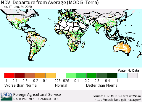 World NDVI Departure from Average (Terra-MODIS) Thematic Map For 1/21/2020 - 1/31/2020