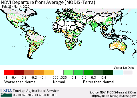 World NDVI Departure from Average (Terra-MODIS) Thematic Map For 3/1/2020 - 3/10/2020