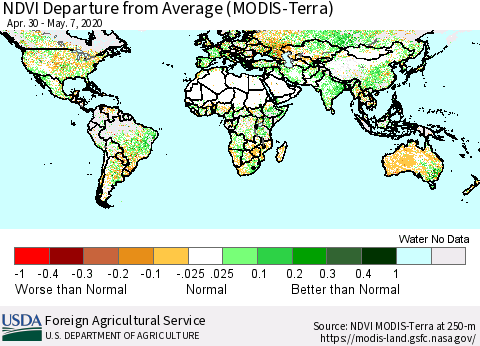 World NDVI Departure from Average (Terra-MODIS) Thematic Map For 5/1/2020 - 5/10/2020