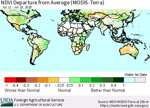World NDVI Departure from Average (Terra-MODIS) Thematic Map For 7/11/2020 - 7/20/2020