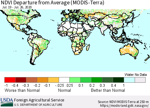 World NDVI Departure from Average (Terra-MODIS) Thematic Map For 7/21/2020 - 7/31/2020