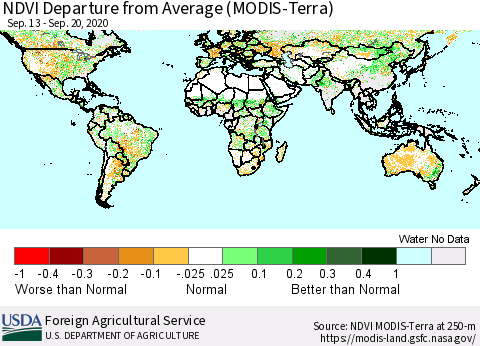 World NDVI Departure from Average (Terra-MODIS) Thematic Map For 9/11/2020 - 9/20/2020