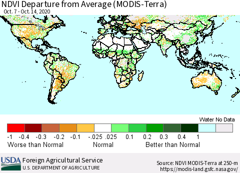 World NDVI Departure from Average (Terra-MODIS) Thematic Map For 10/11/2020 - 10/20/2020
