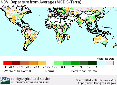 World NDVI Departure from Average (Terra-MODIS) Thematic Map For 10/21/2020 - 10/31/2020