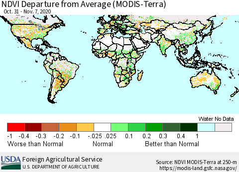 World NDVI Departure from Average (Terra-MODIS) Thematic Map For 11/1/2020 - 11/10/2020