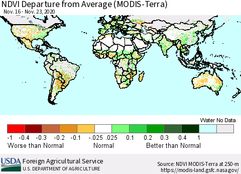 World NDVI Departure from Average (Terra-MODIS) Thematic Map For 11/21/2020 - 11/30/2020