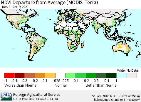 World NDVI Departure from Average (Terra-MODIS) Thematic Map For 12/1/2020 - 12/10/2020