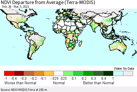 World NDVI Departure from Average (Terra-MODIS) Thematic Map For 2/26/2021 - 3/5/2021