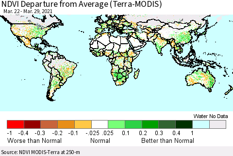 World NDVI Departure from Average (Terra-MODIS) Thematic Map For 3/22/2021 - 3/29/2021